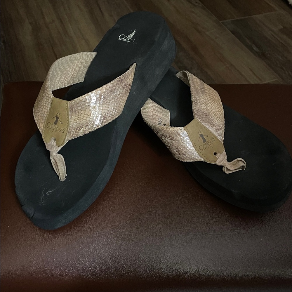 Corky's Silver Iridescent 'Sunset' Flip Flops Platform Wedge Sandals 9